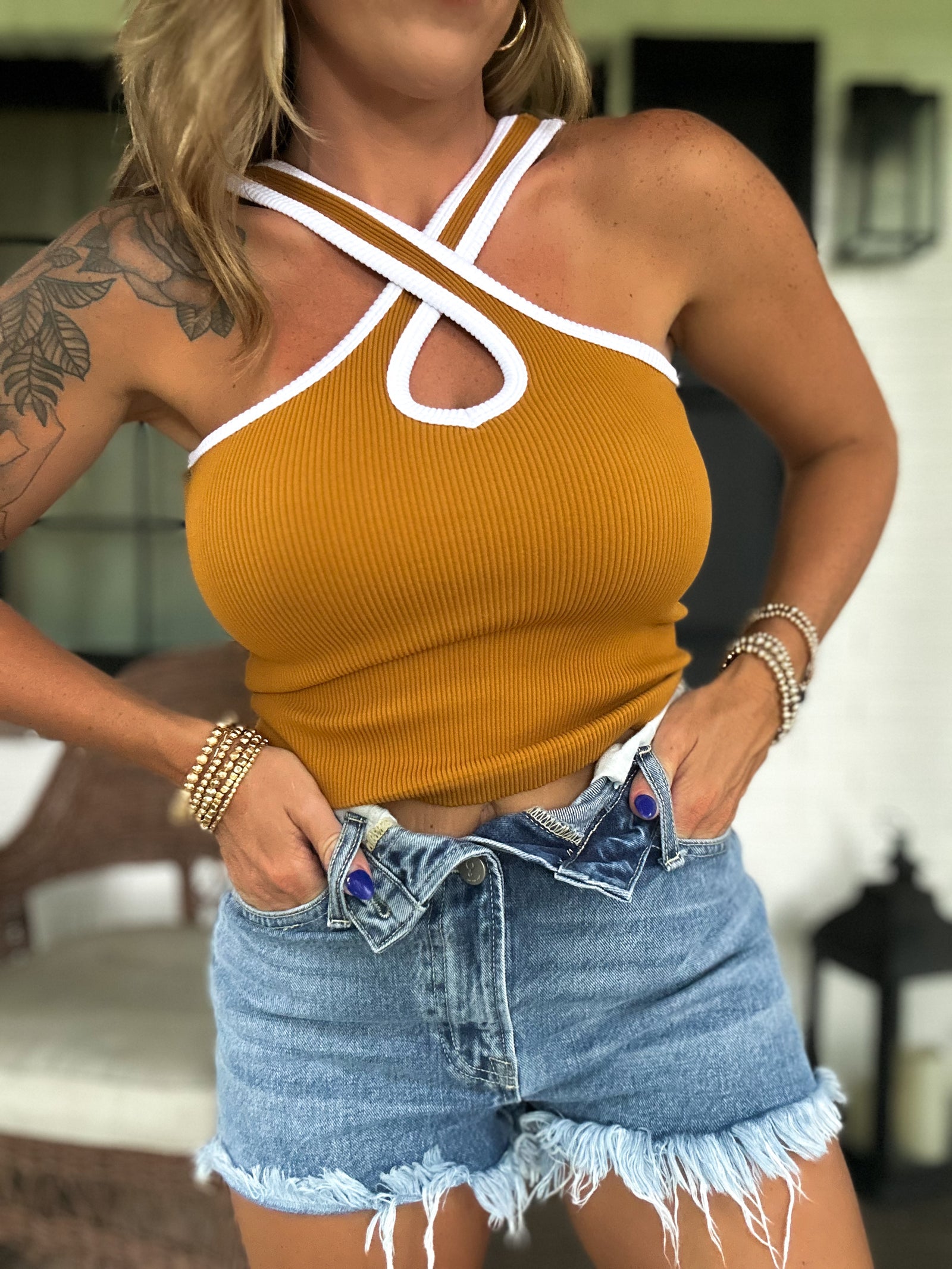 Heart For You Criss Cross Ribbed Tank - Camel