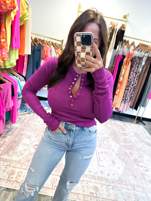 Level Up Waffle Knit Henley Top - Plum