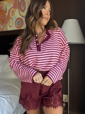 Serena Striped Henley Knit Top - Burgundy/Pink