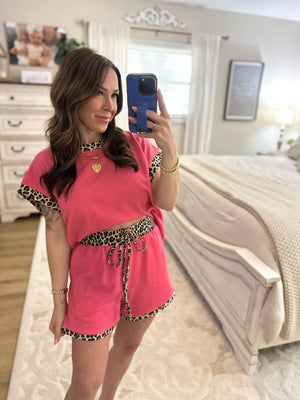 Hailey Leopard Trim Drawstring Shorts - Pink