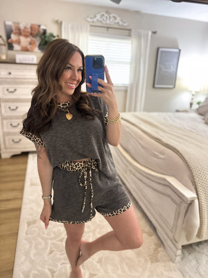 Hailey Leopard Trim Round Neck Top - Charcoal