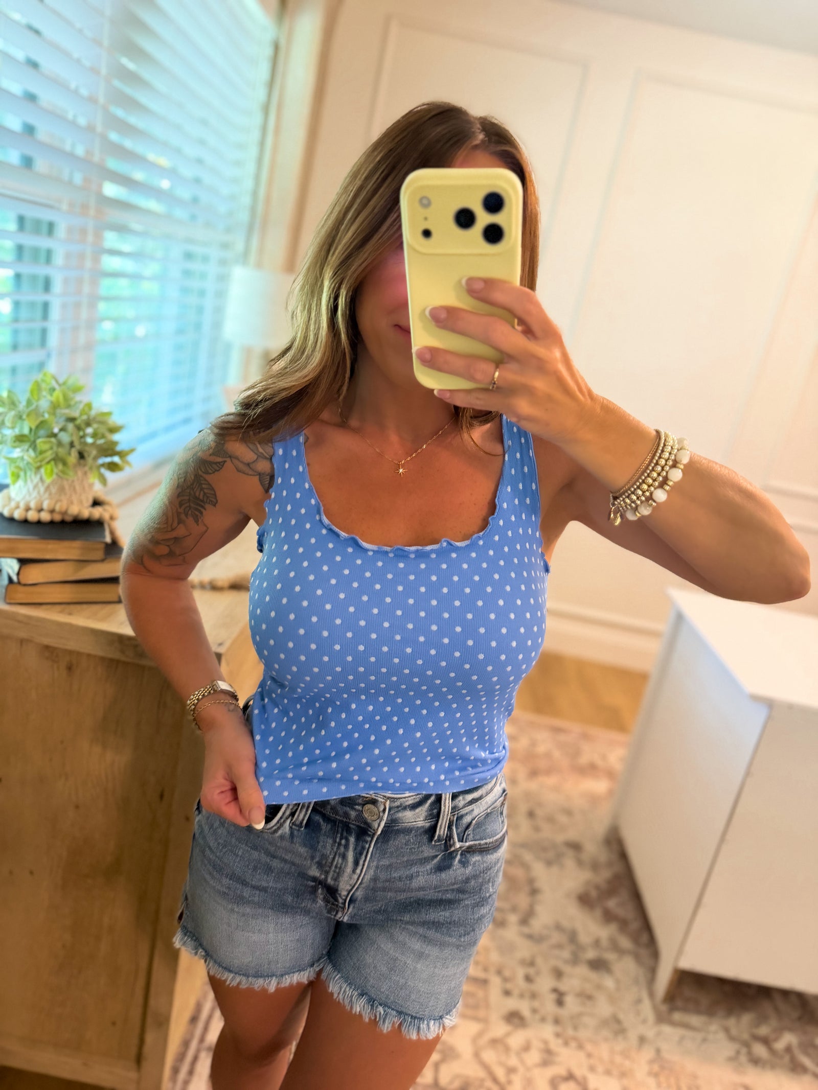Trey Polka Dot Ruffle Edge Tank - Marina