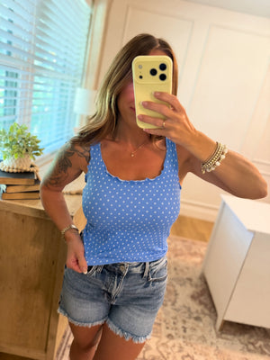 Trey Polka Dot Ruffle Edge Tank - Marina