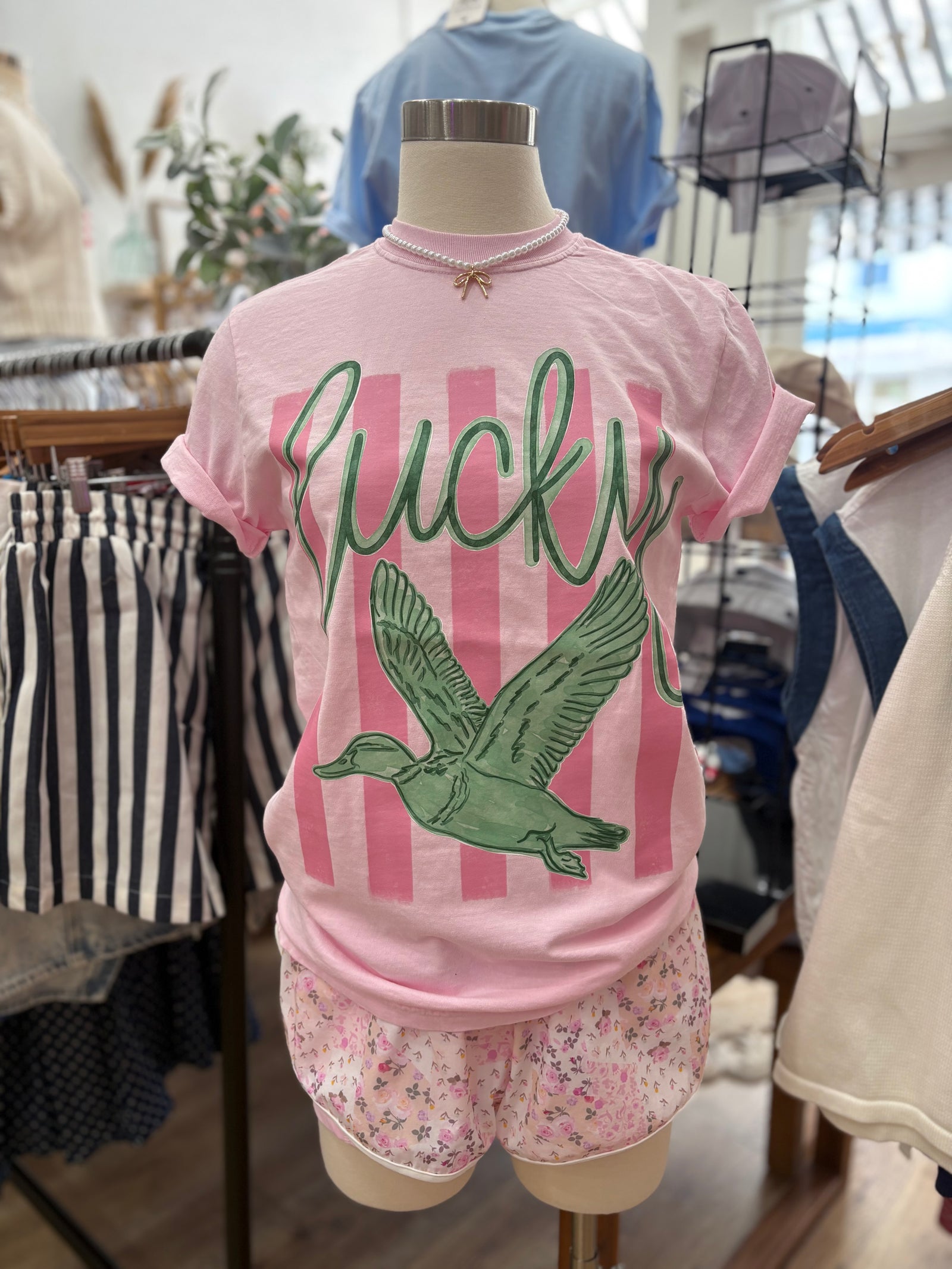 Pink Lucky Duck Striped Comfort Colors Tee