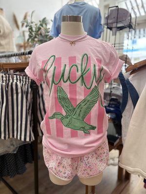 Pink Lucky Duck Striped Comfort Colors Tee