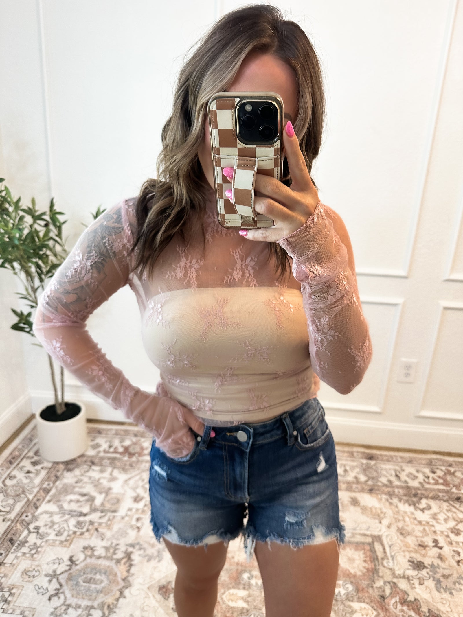 Out Of Time Mock Neck Lace Top - Pink