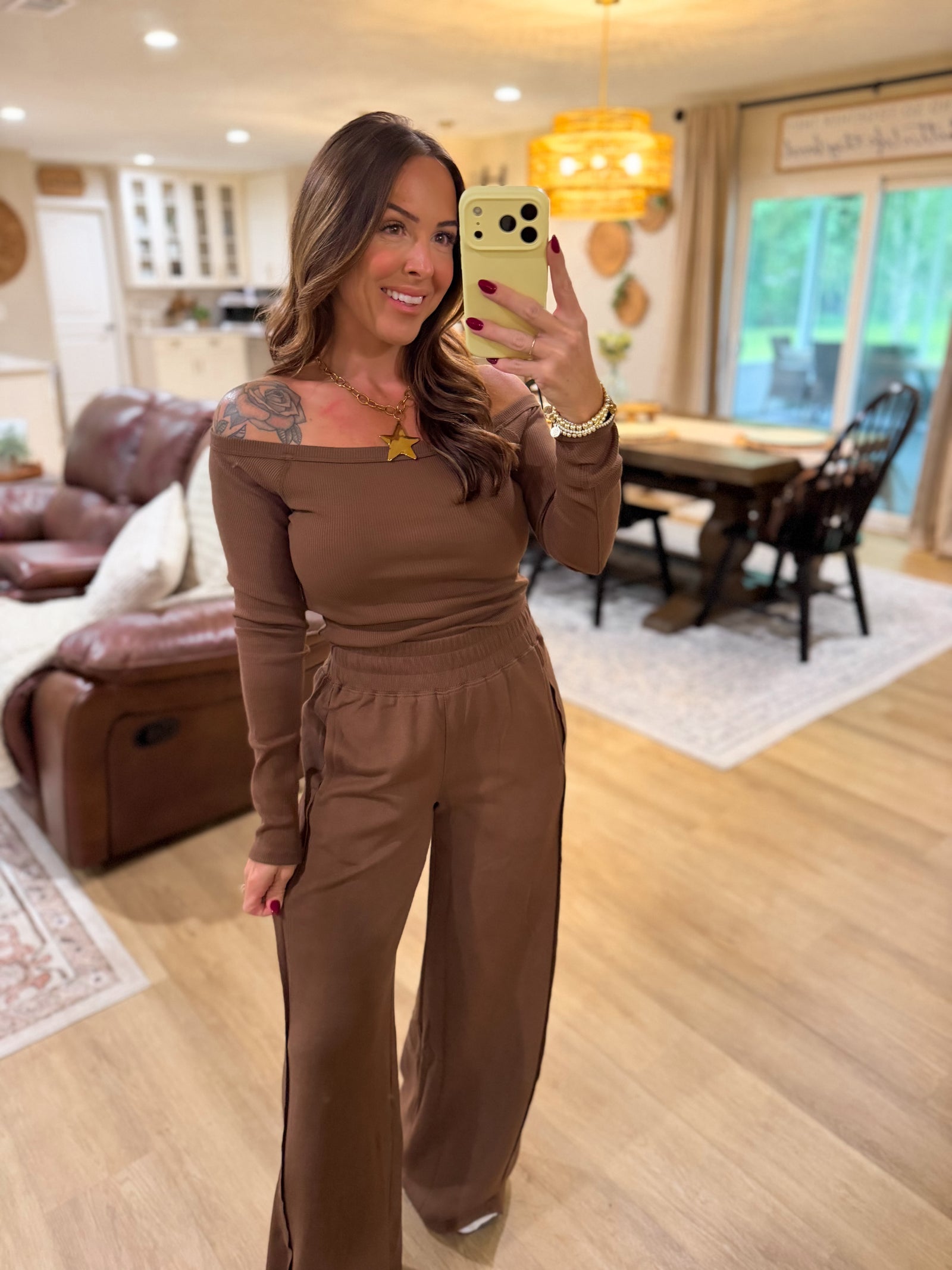 Skye Off Shoulder Ribbed Crop Top - Brown