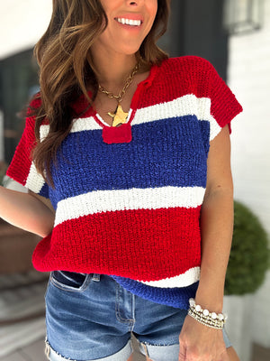 Juliana Color Block Textured Sweater Top - Red/Royal