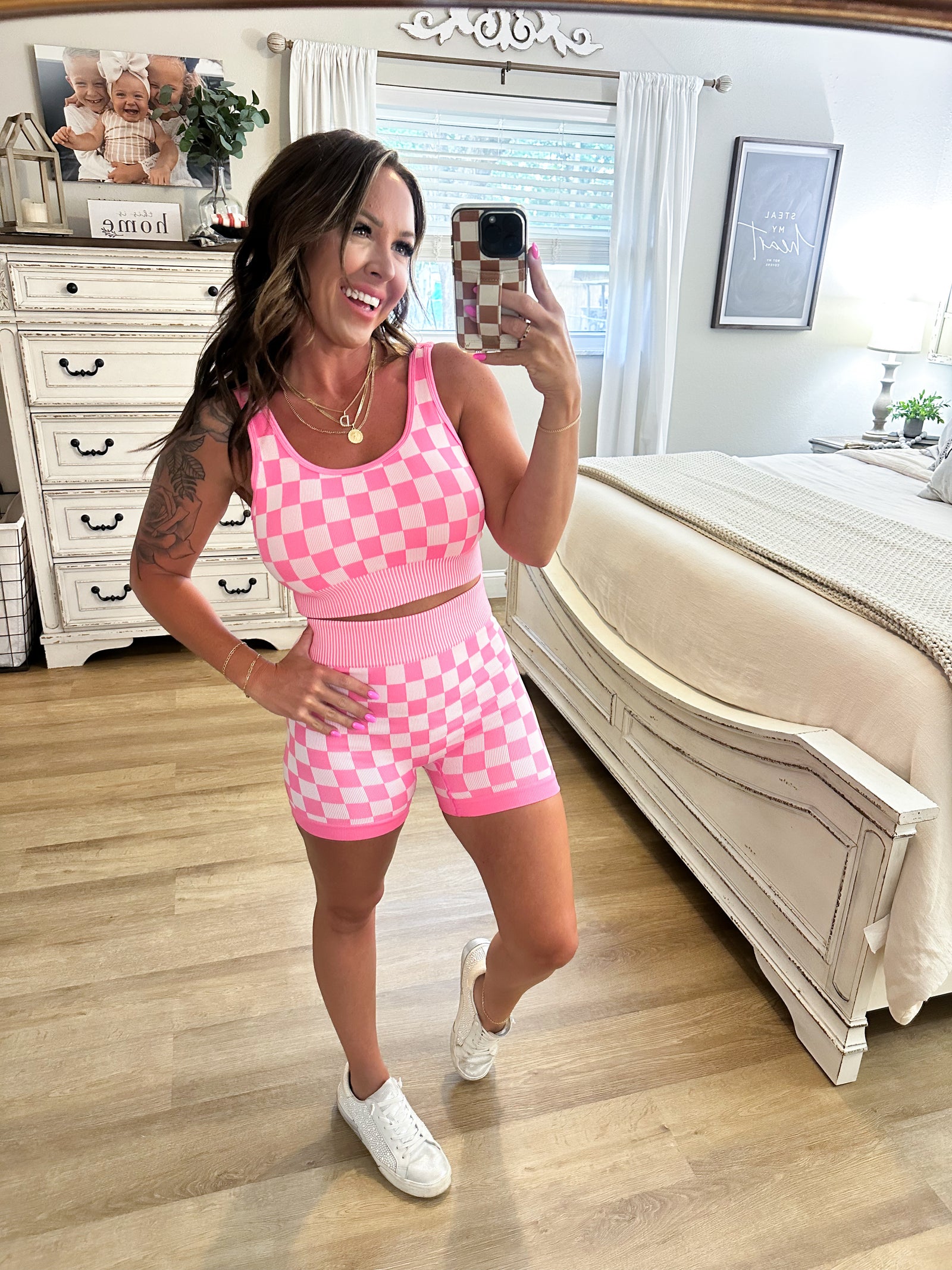 Checkmate Cropped Two Piece Set - Pink