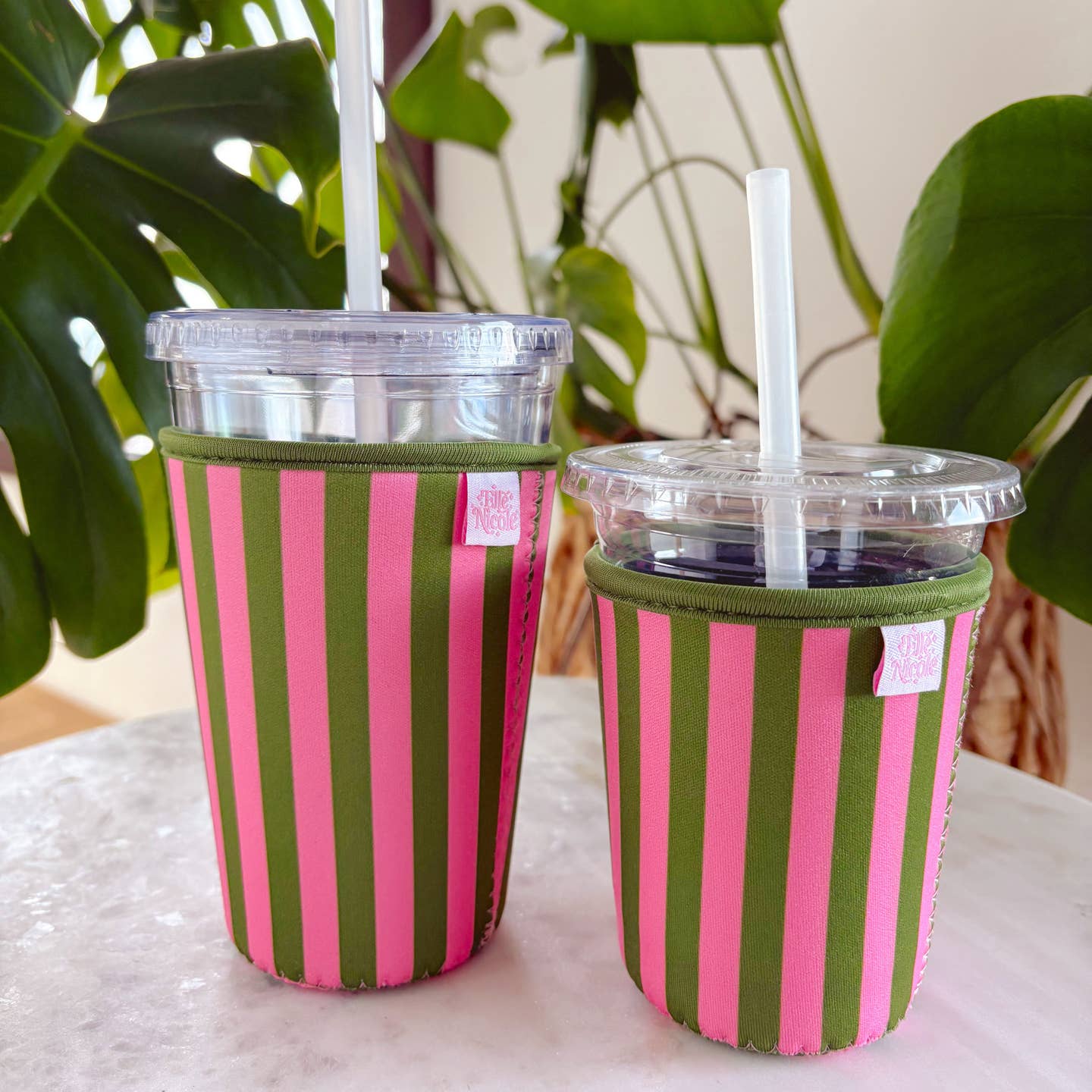 Iced Coffee Cup Cover - Green & Pink Stripe