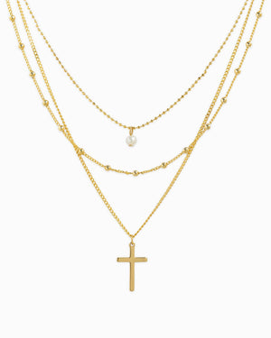 Triple Layered Pearl Cross Necklace