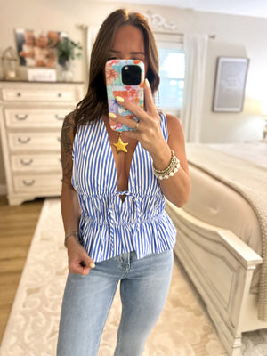 Claire Striped Ruffle Tank - Bright Blue
