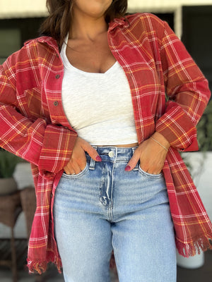 Lana Button Up Flannel Top- Red