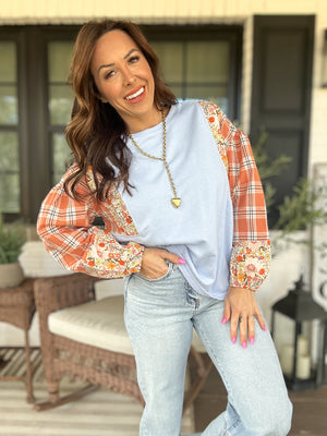 Kelli Flower Plaid Bubble Sleeve Top