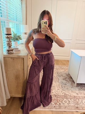 Mason Mineral Washed Tiered Wide Leg Pants - Eggplant