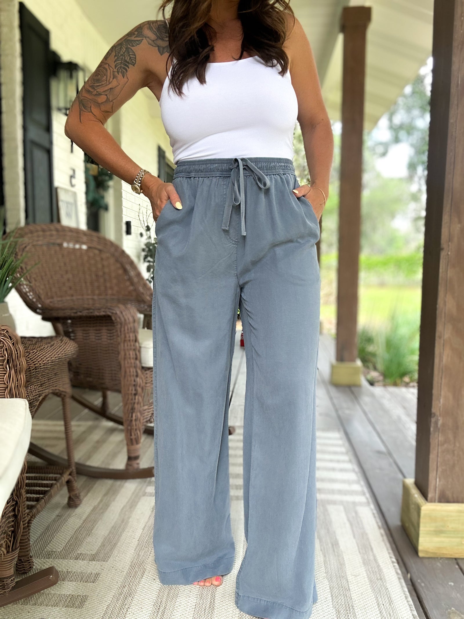 Brittani Tencel Wide Legged Linen Pants- Denim
