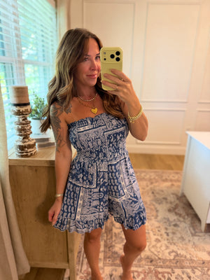 Charity Paisley Print Smocked Strapless Romper - Denim