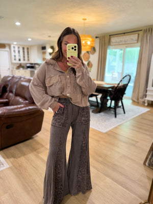 Lexi Mineral Washed Leopard Flare Pants - Cocoa