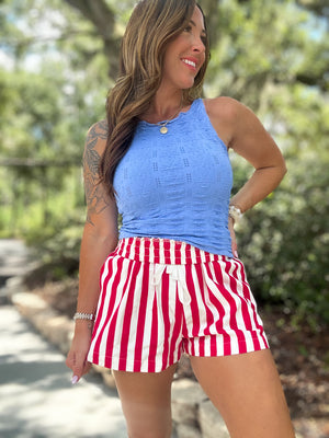 Ella Stripe Twill Denim Shorts - Red