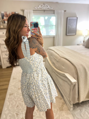 Kara Floral Gingham Tie Shoulder Romper - Sky