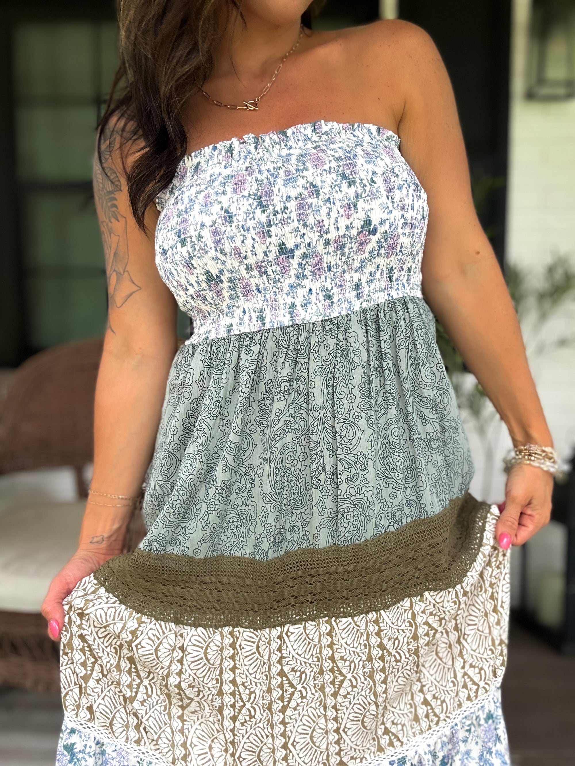 Hazel Strapless Lace Tiered Maxi