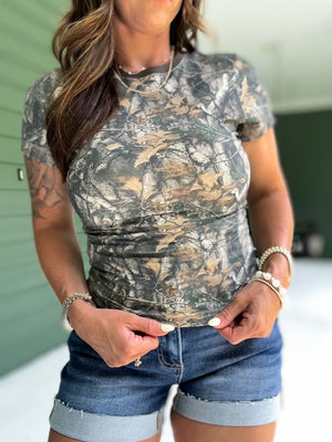 Nola Dark Woodland Camo Jersey Baby Tee