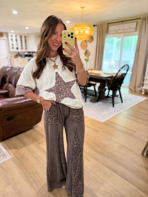 Lexi Mineral Washed Leopard Flare Pants - Cocoa
