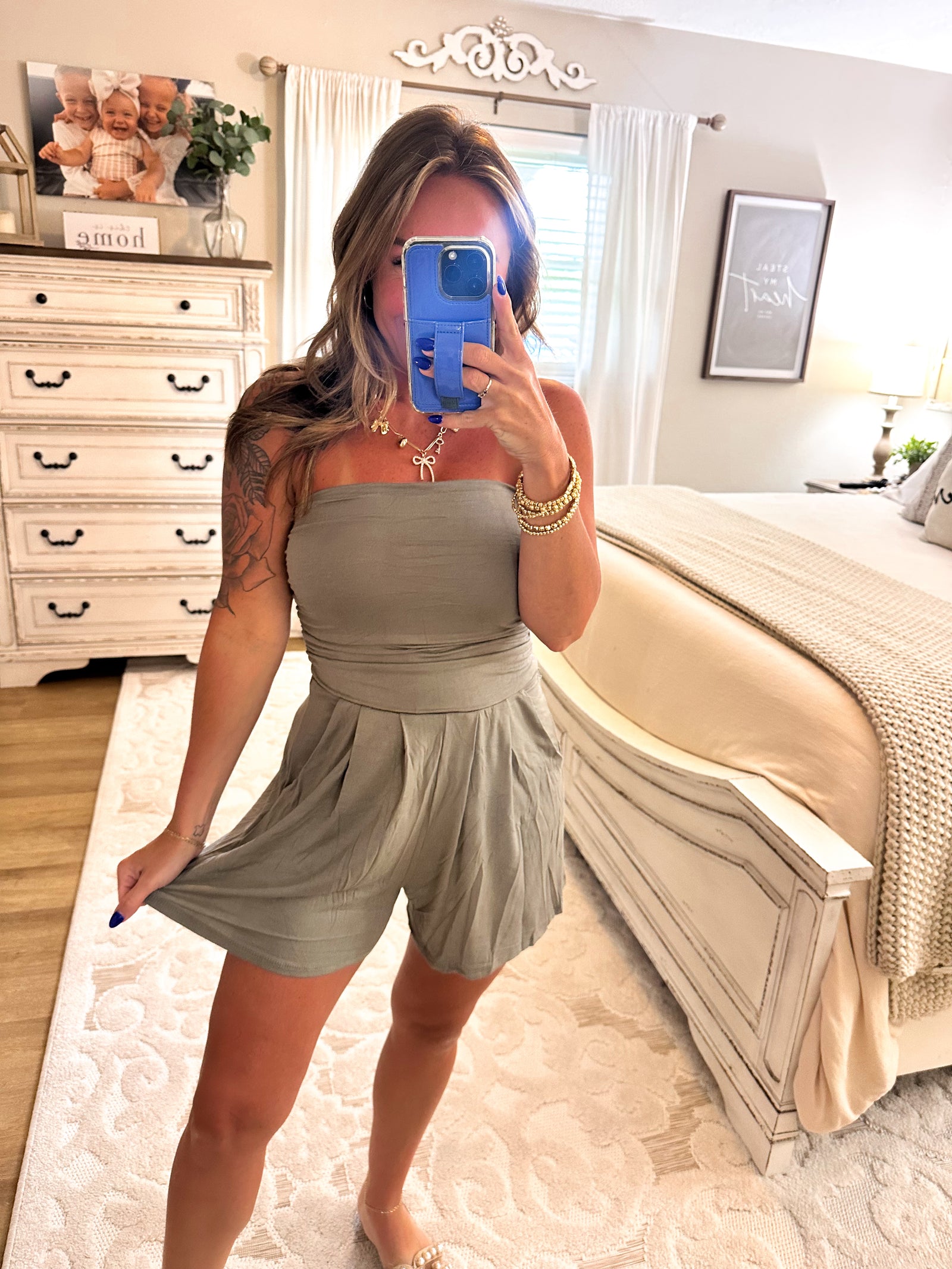 Chasing Happiness Strapless Romper - Olive