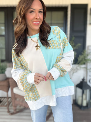 Drue Flower Patch Long Sleeve Sweater - Aqua