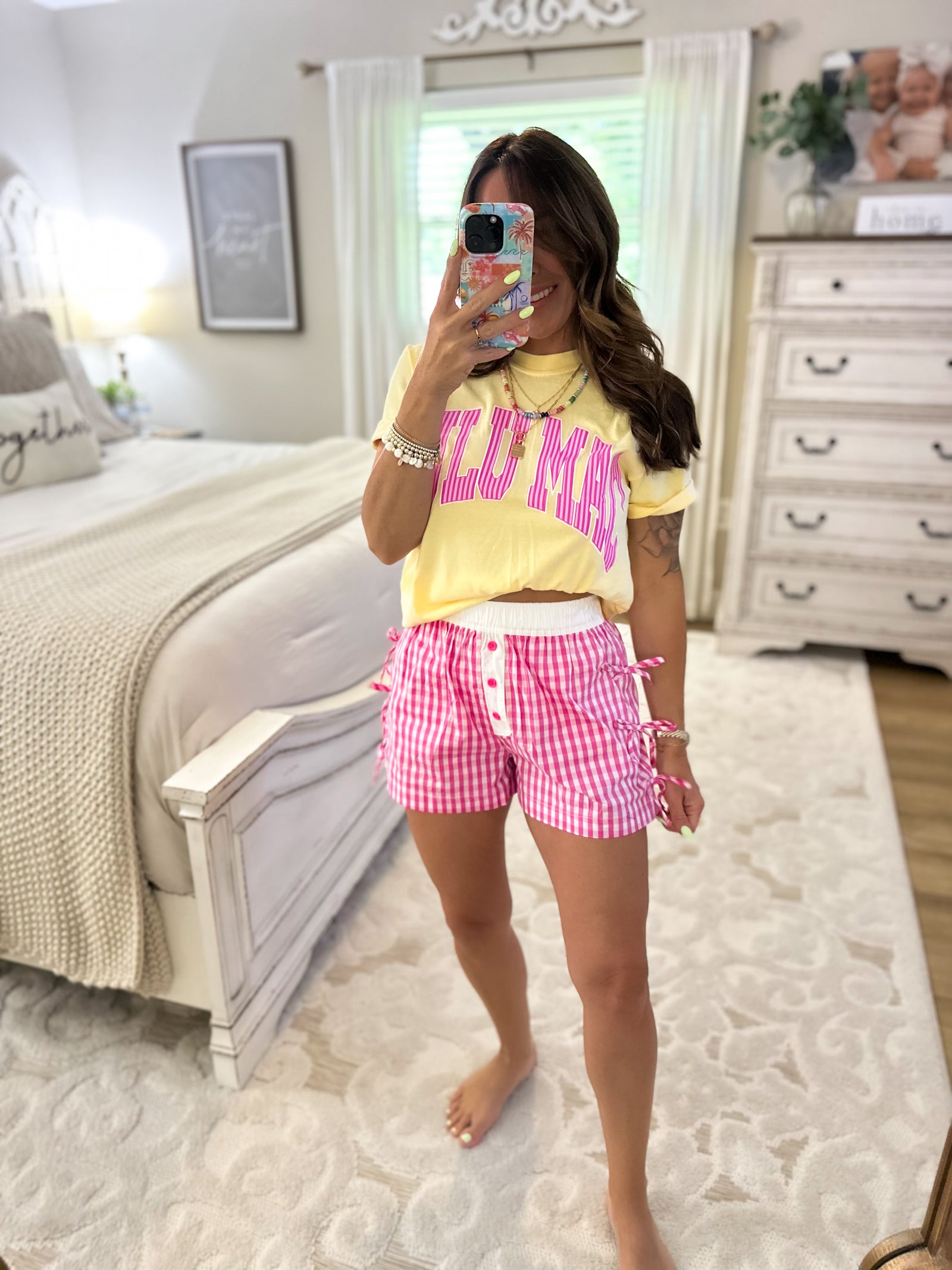 LuluMac Button Bow Gingham Boxer Shorts - Pink