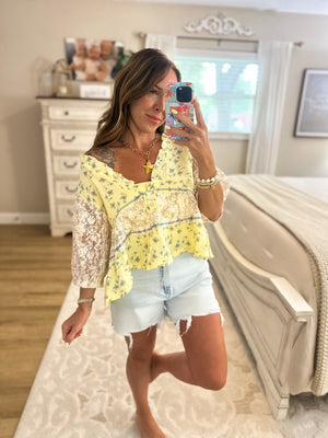 Carlie Lace Patch Ruffle Vneck Top