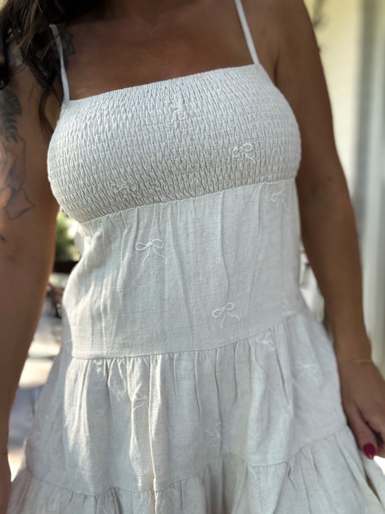 Shannon Bow Embroidered Tiered Romper - Ivory