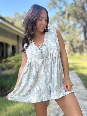 Amelia French Terry Pleated Romper - White Camo