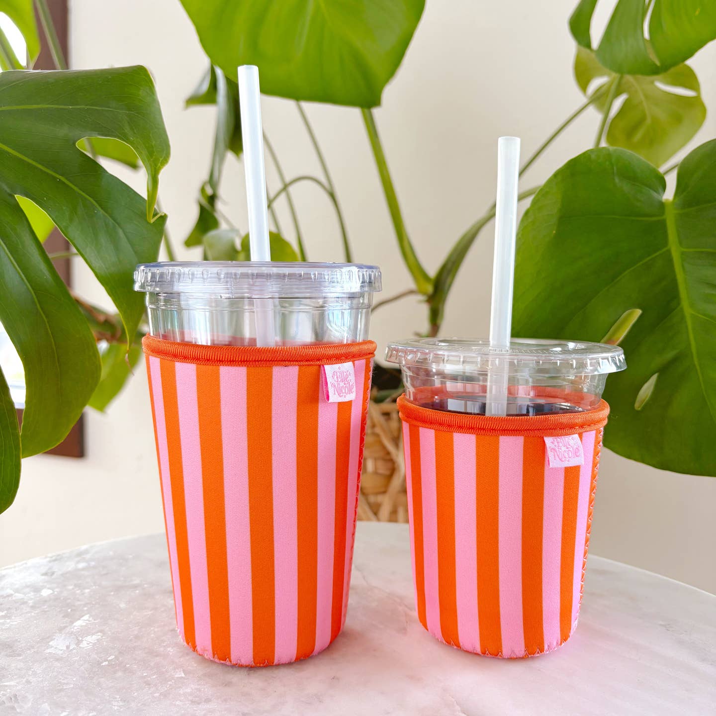 Iced Coffee Cup Cover - Orange & Pink Stripe