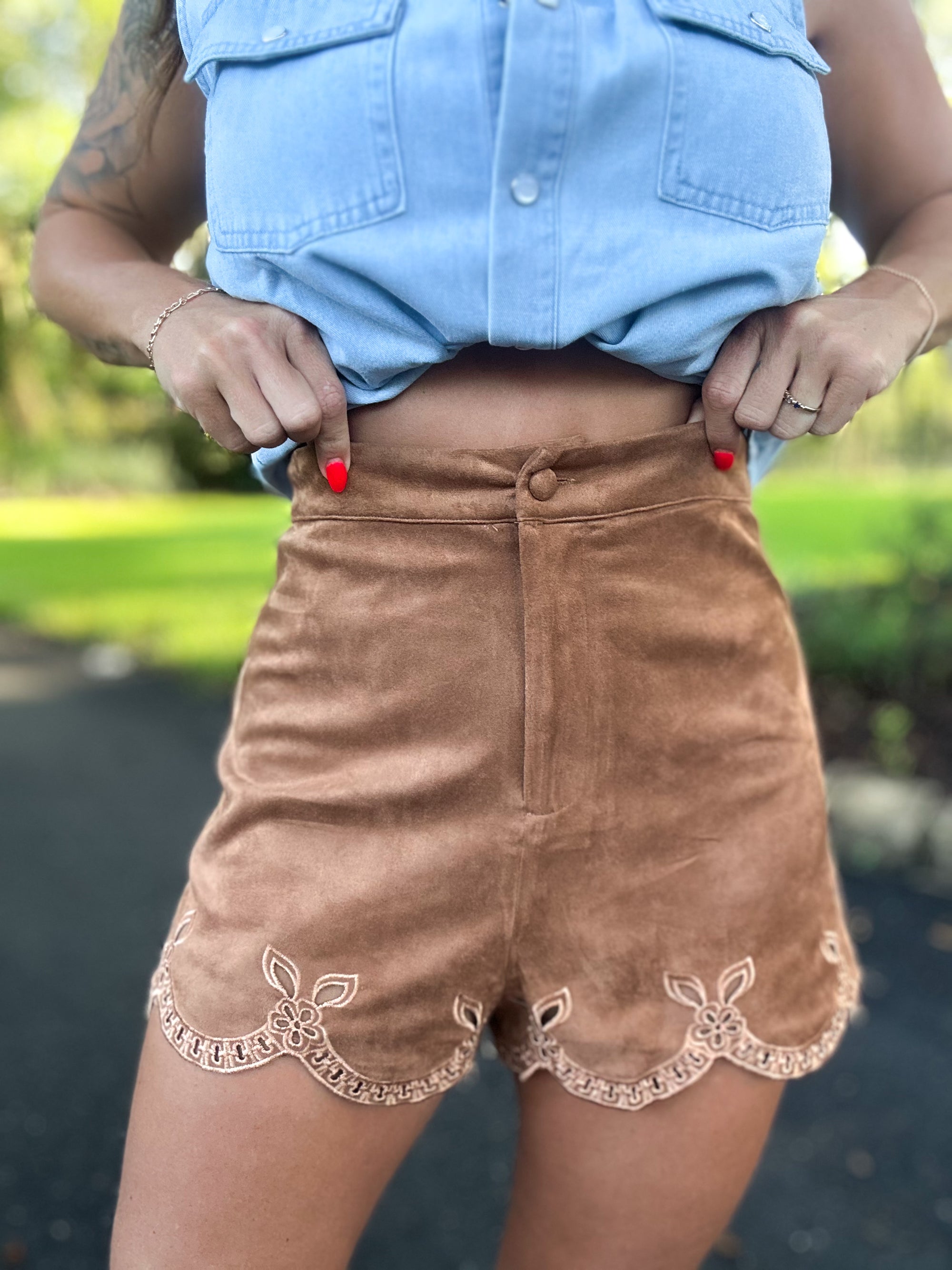 Level Up Suede Eyelet Shorts - Camel