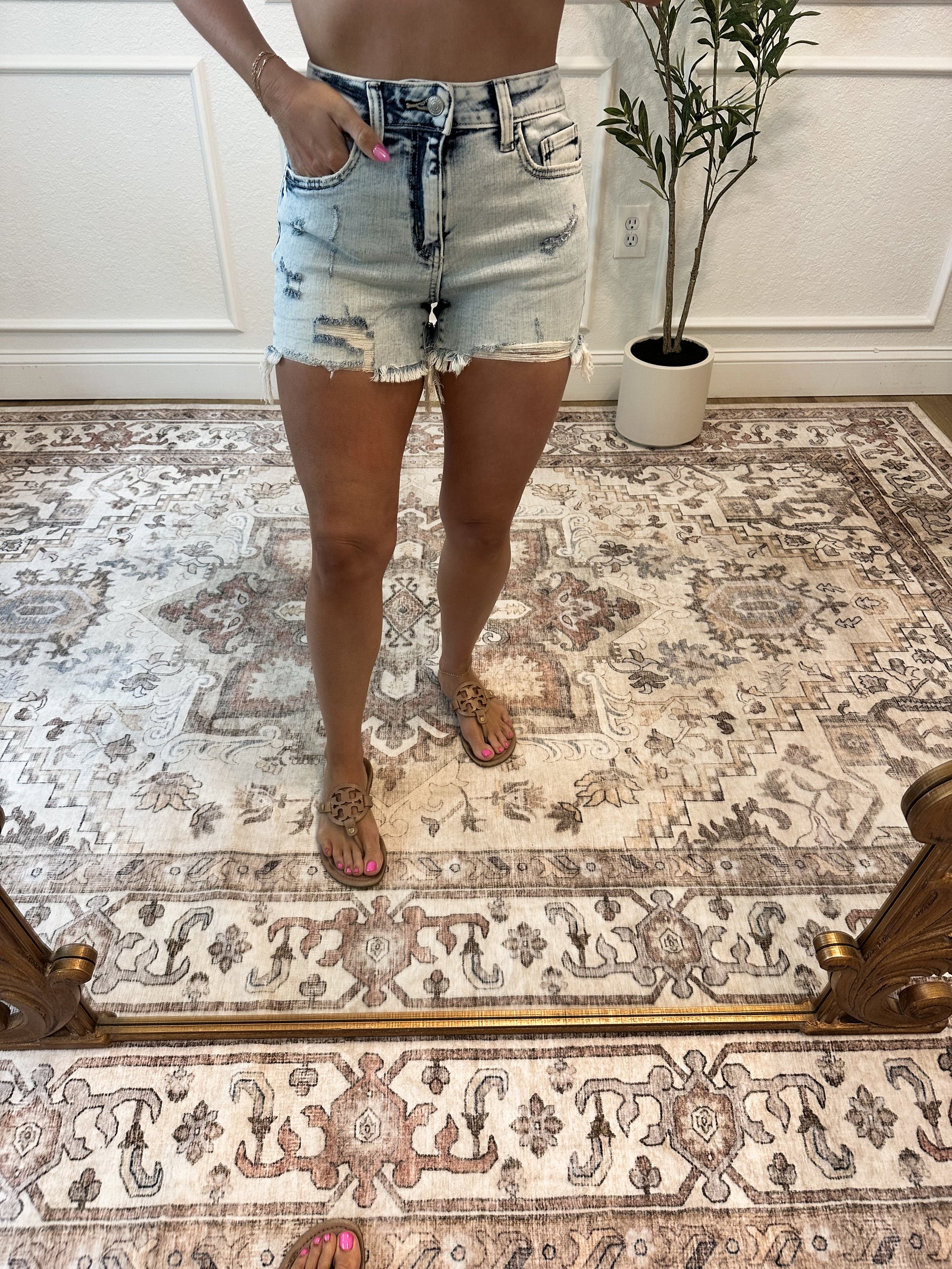 Sydney Mid Rise Acid Wash Distressed Shorts