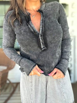 Montana Waffle Knit Henley Top - Charcoal