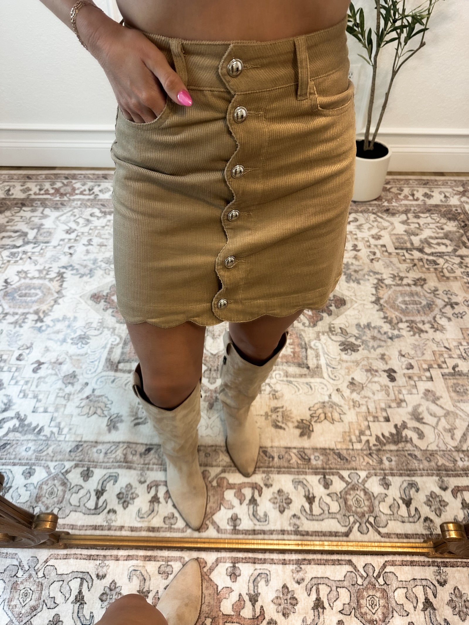 Sweet Escape Scalloped Corduroy Mini Skirt - Taupe