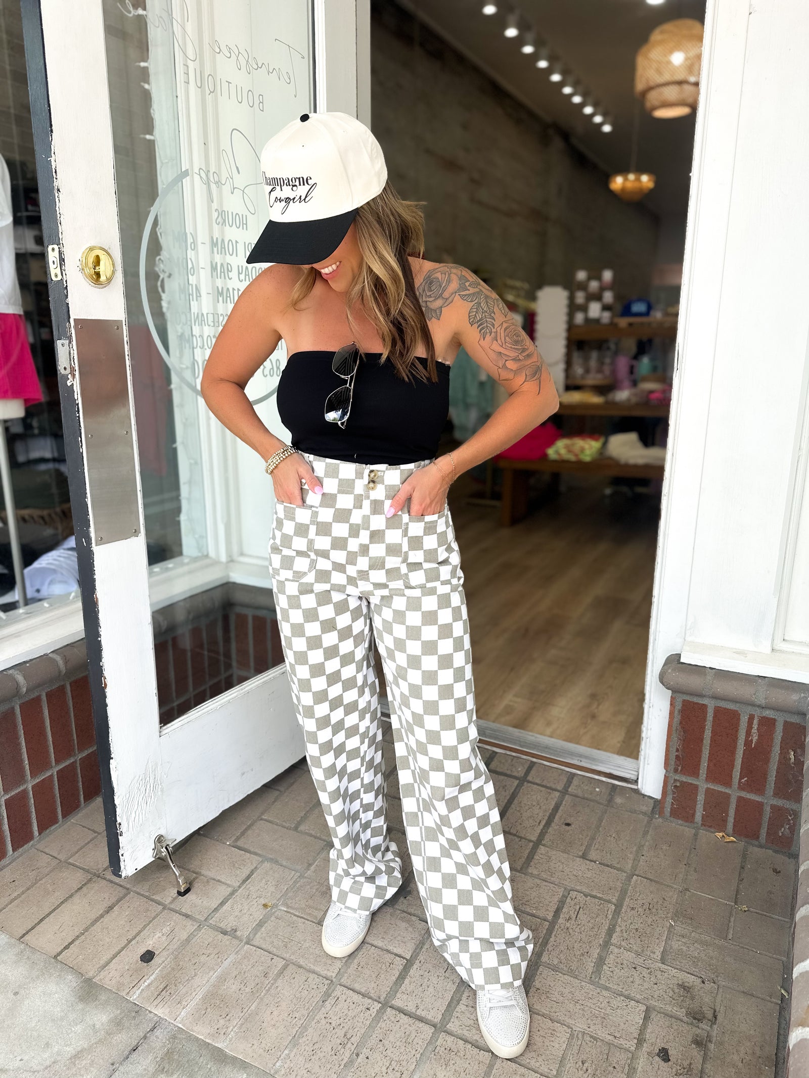 Demi Wide Leg Checkered Jeans - Taupe