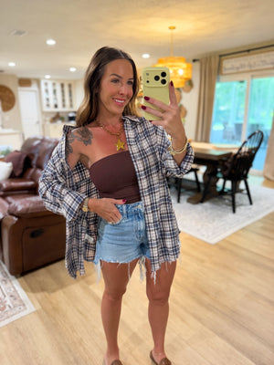 Sterling Plaid Collared Button Down Distressed Top - Blue