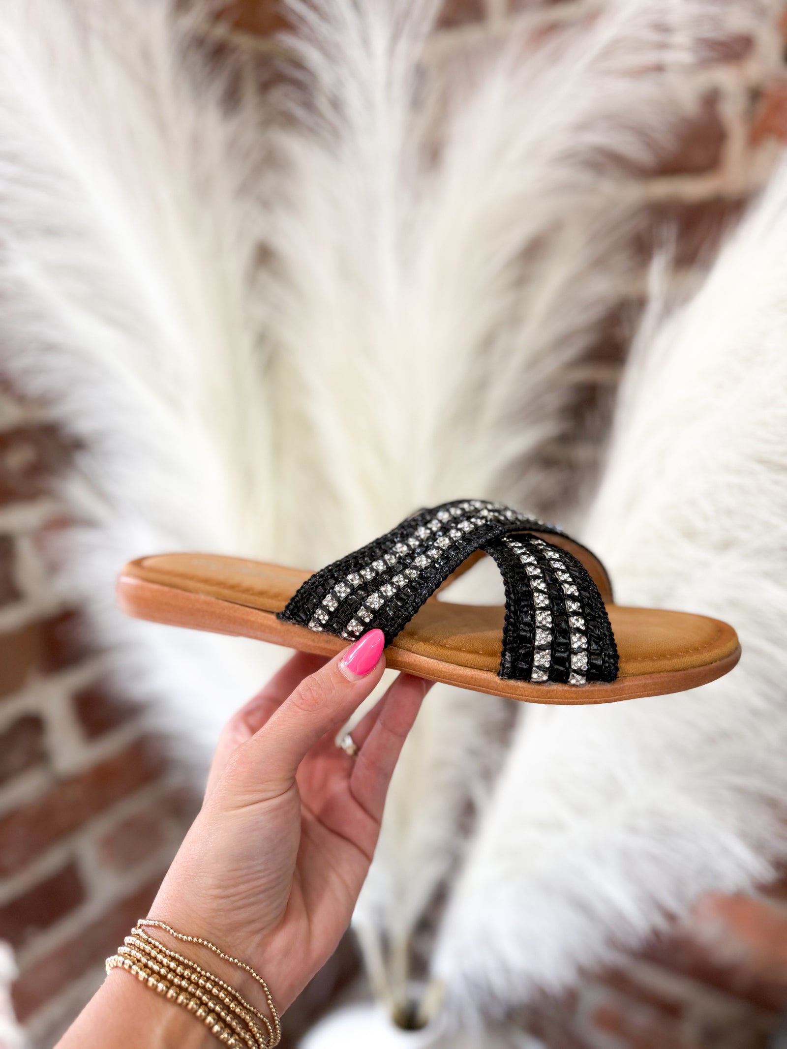 Maci Rhinestone Criss Cross Sandals - Black