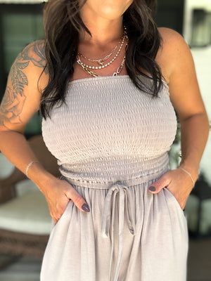 Little Too Late Smocked Jumpsuit - Beige