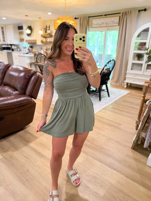 No Worries Strapless Romper - Olive