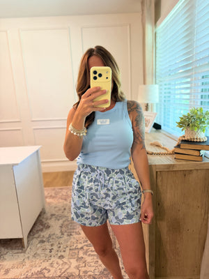 Old Row High Waisted Camo Shorts - Blue