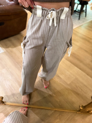 Brittan Striped Textured Pants - Taupe/White