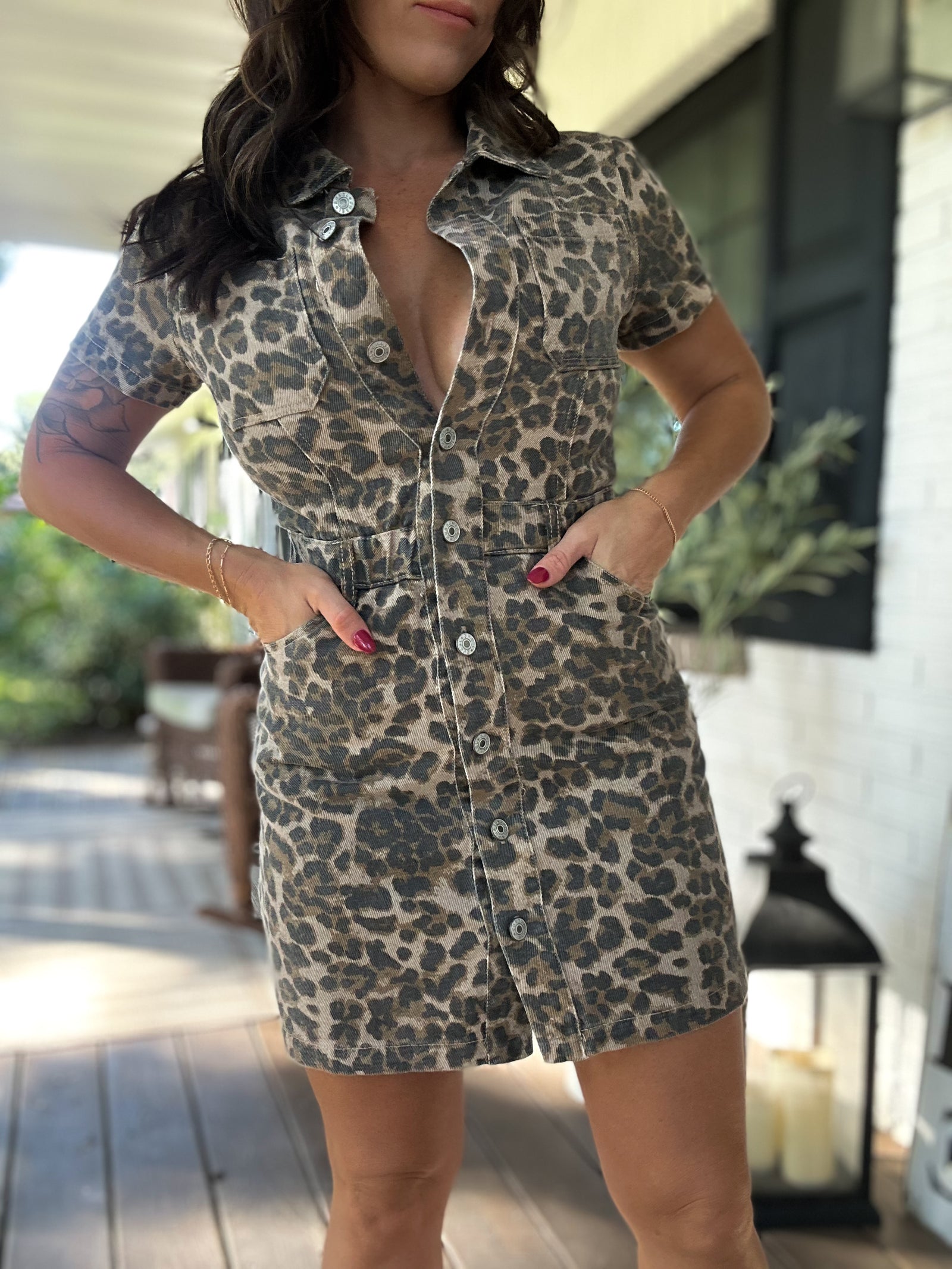 Lenni Leopard Denim Button Down Dress