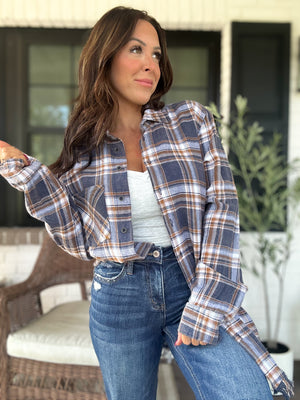 Lana Button Up Flannel Top- Navy