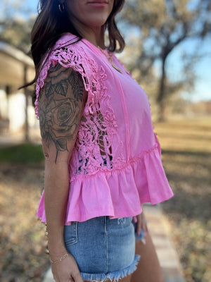 Mable Lace Trim Top - Charming Pink