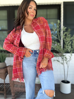 Lana Button Up Flannel Top- Red