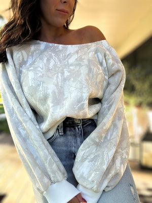 Audrina Off Shoulder Camo Sweater Top